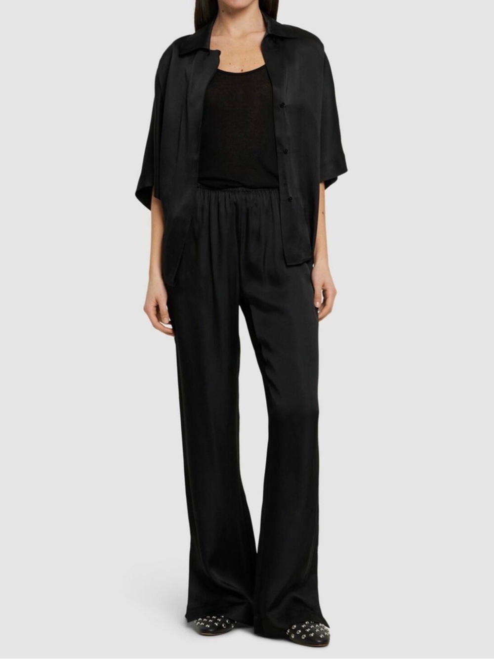 Anine Bing Aden Silk Blend Wide Leg Pants Black Elastic Waist Trousers Size S